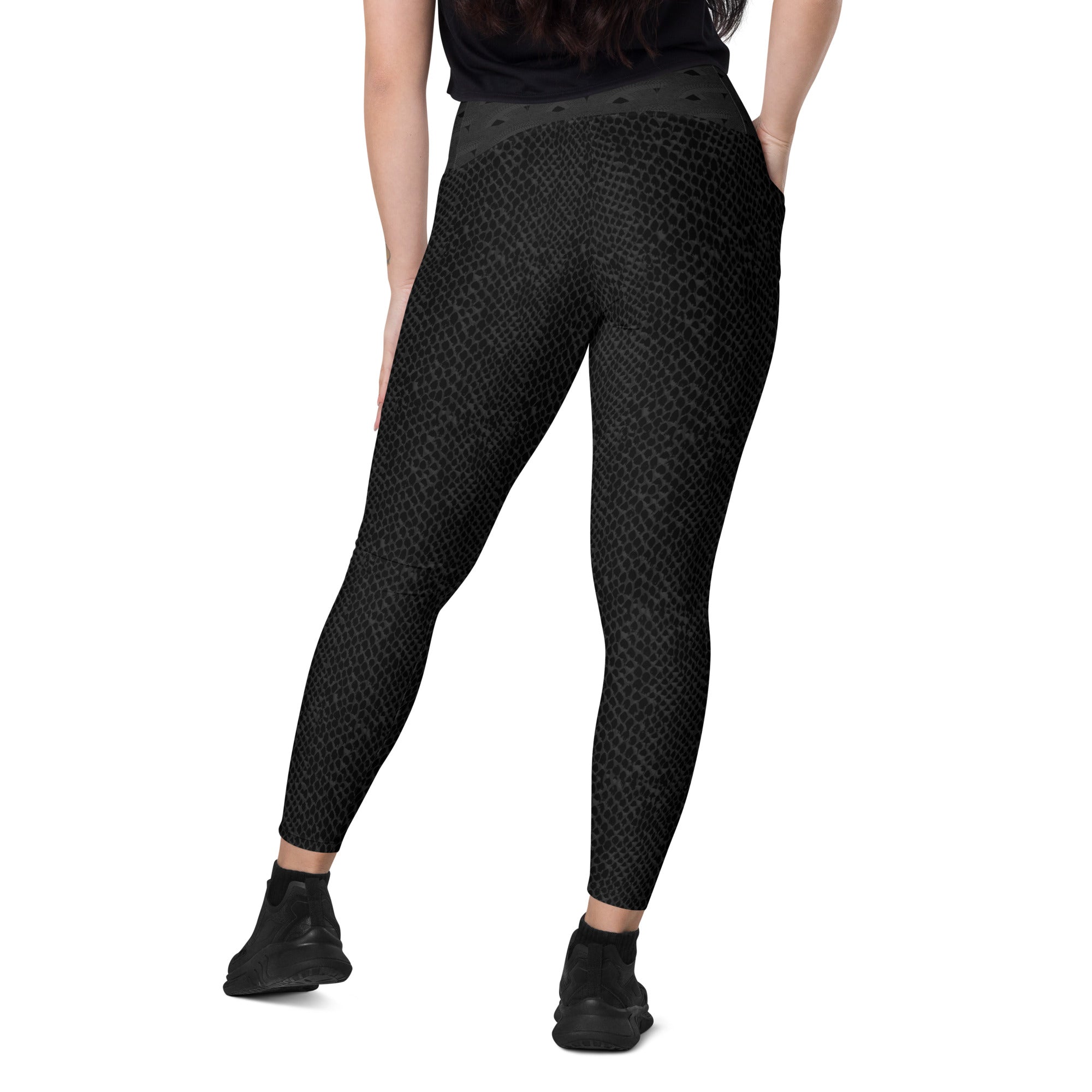 Black "Snakeskin" Crossover leggings with pockets