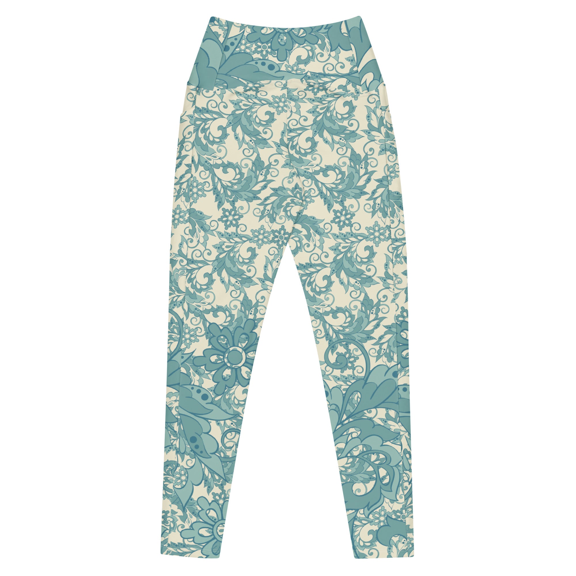 Teal Flowers and Swirls on Cream Crossover leggings with pockets