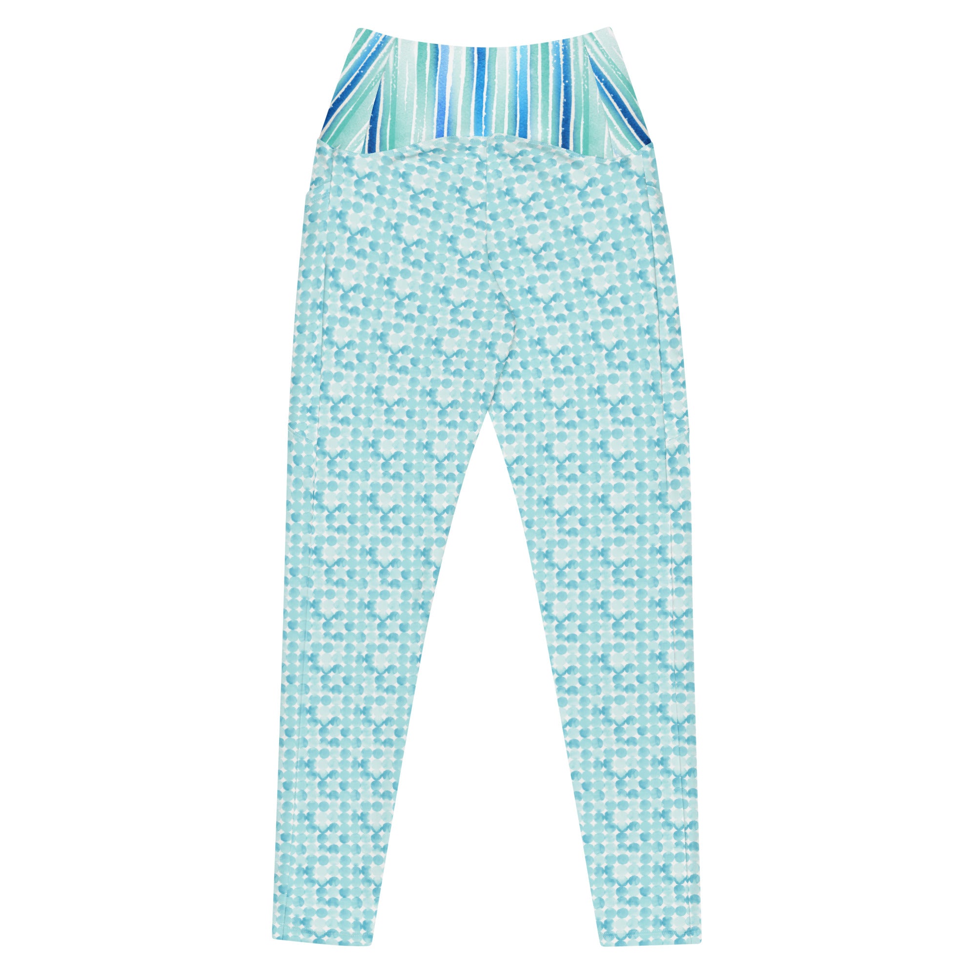 Turquoise Watercolor Dots and Stripes Crossover leggings with pockets