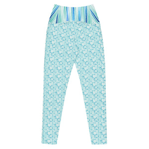 Turquoise Watercolor Dots and Stripes Crossover leggings with pockets