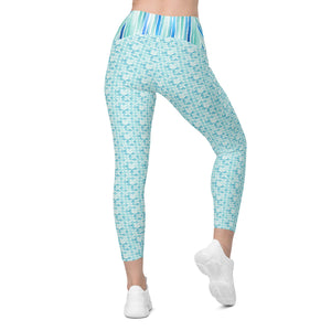 Turquoise Watercolor Dots and Stripes Crossover leggings with pockets