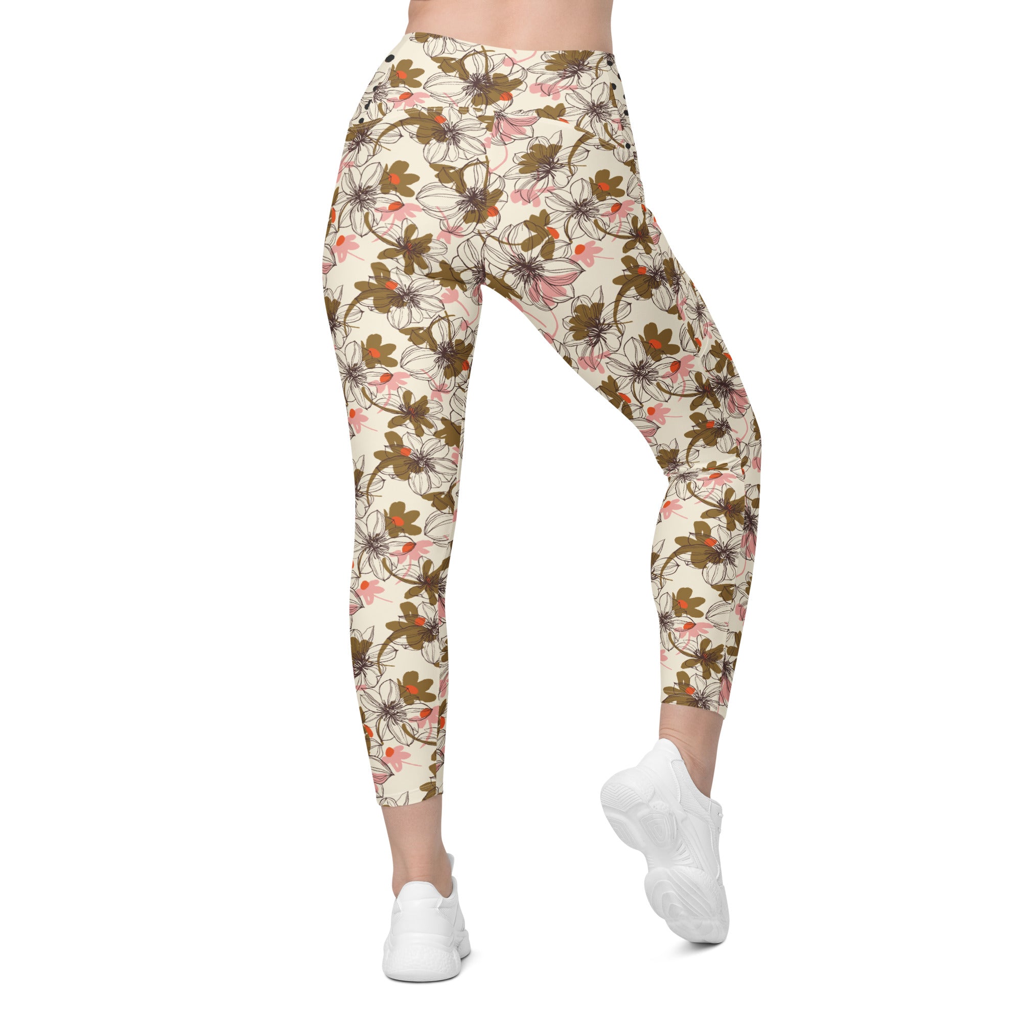 Cream, Pink and Brown Crossover leggings with pockets