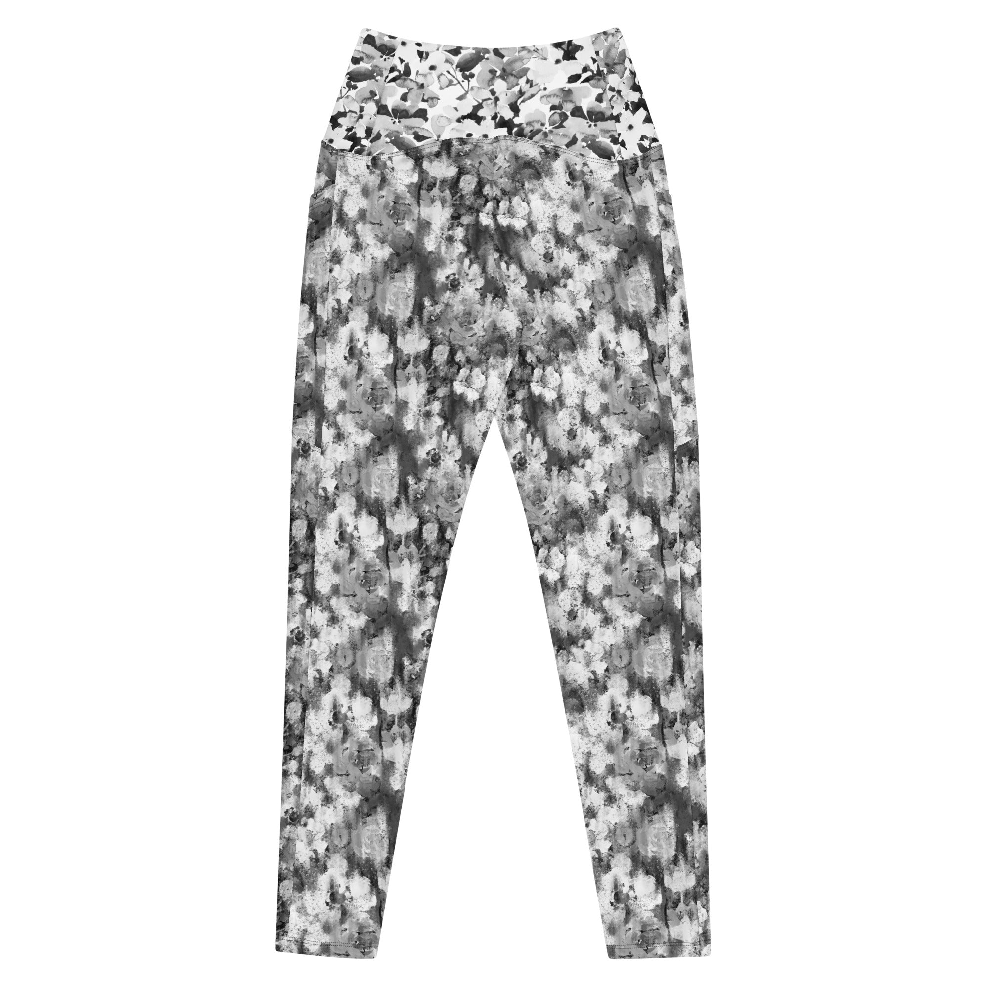 Black and White Blurred Flowers Crossover leggings with pockets