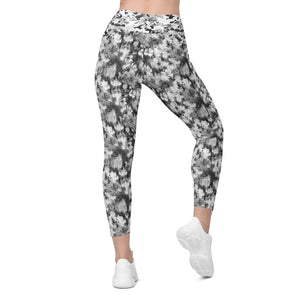 Black and White Blurred Flowers Crossover leggings with pockets