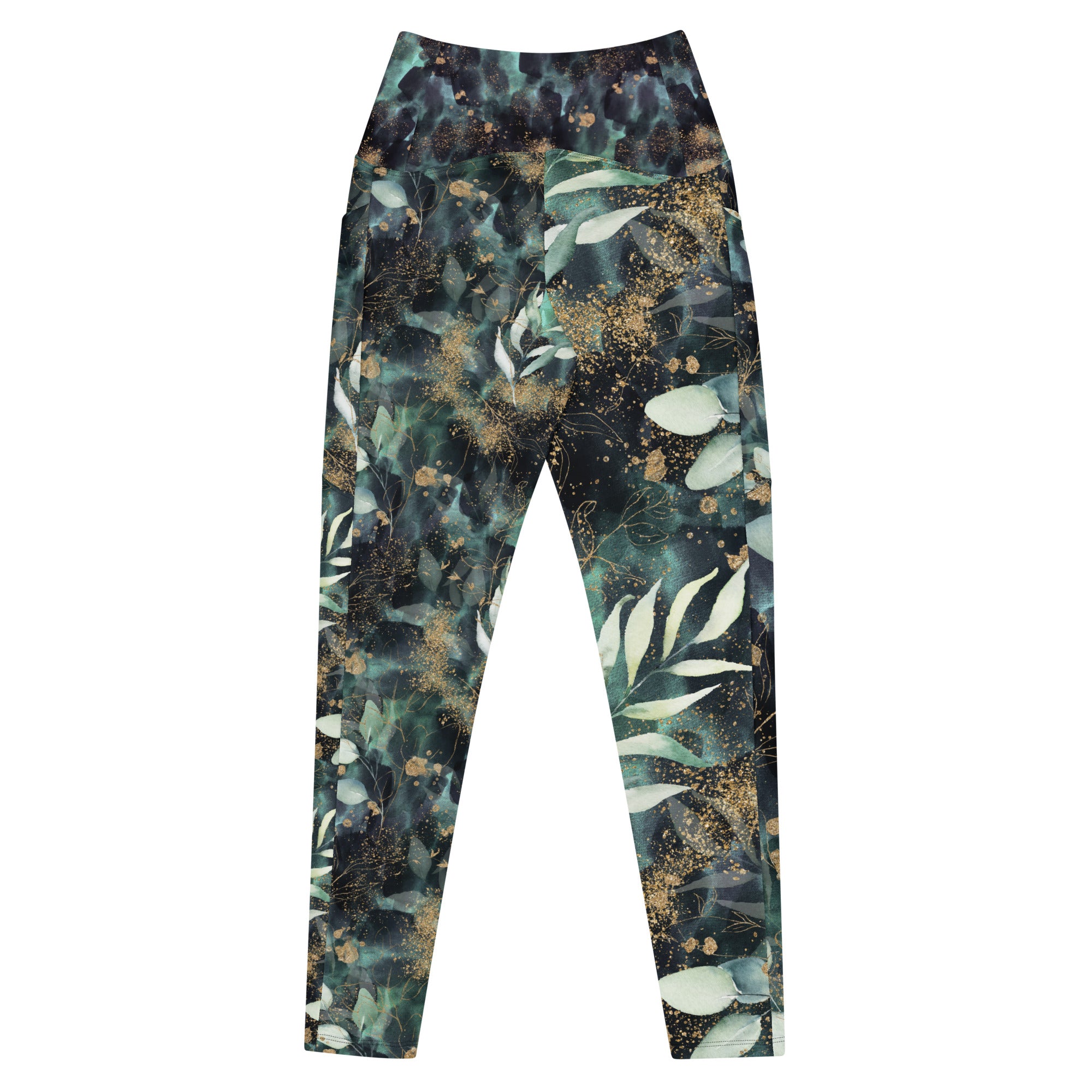 Turquoise Leaves Gold Spatters Crossover leggings with pockets