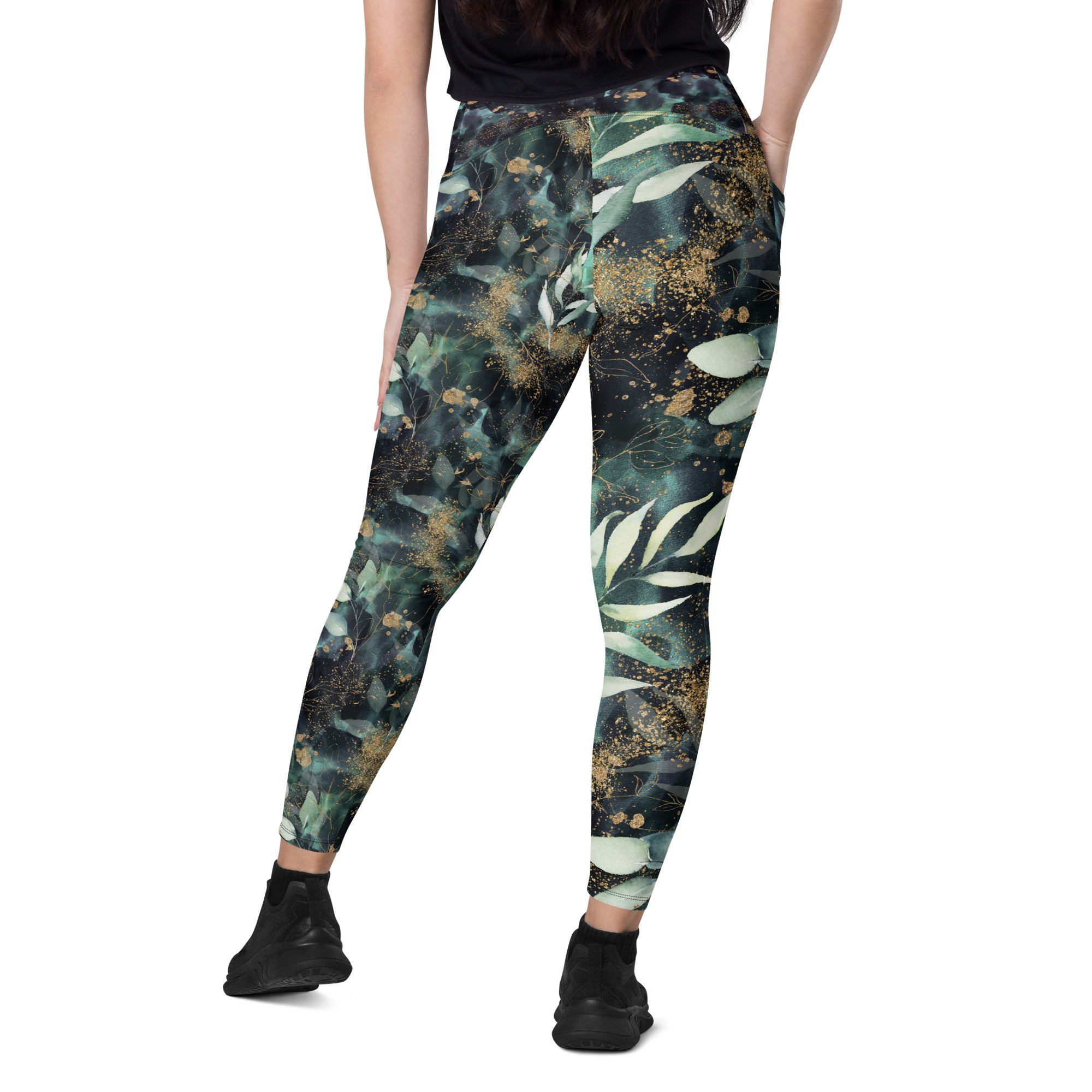 Turquoise Leaves Gold Spatters Crossover leggings with pockets