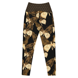 Black and Gold Butterflies Crossover leggings with pockets