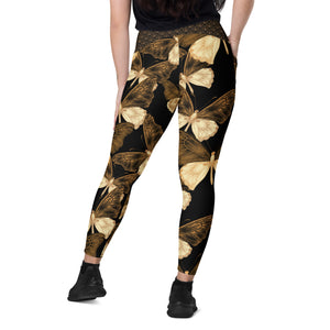 Black and Gold Butterflies Crossover leggings with pockets