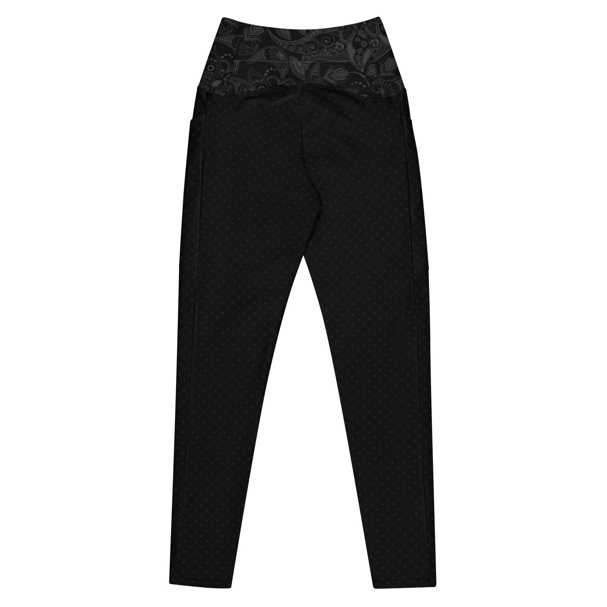 Black and Gray Fleur Crossover leggings with pockets