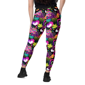 Neon Hearts on Black Crossover leggings with pockets