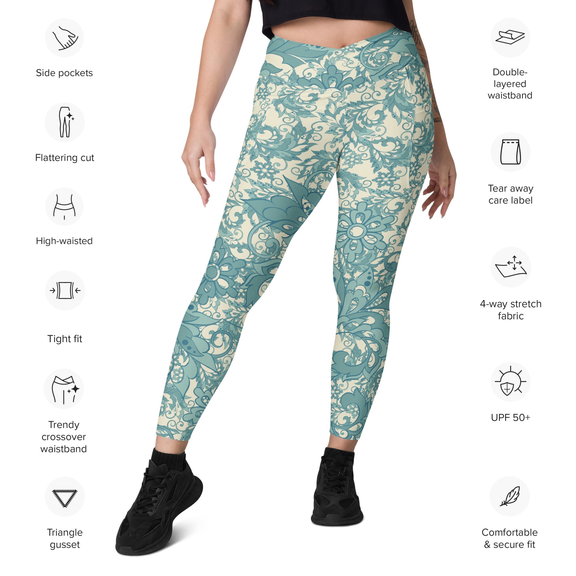 Teal Flowers and Swirls on Cream Crossover leggings with pockets