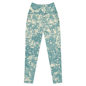 Teal Flowers and Swirls on Cream Crossover leggings with pockets