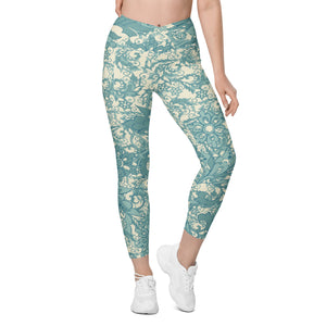 Teal Flowers and Swirls on Cream Crossover leggings with pockets