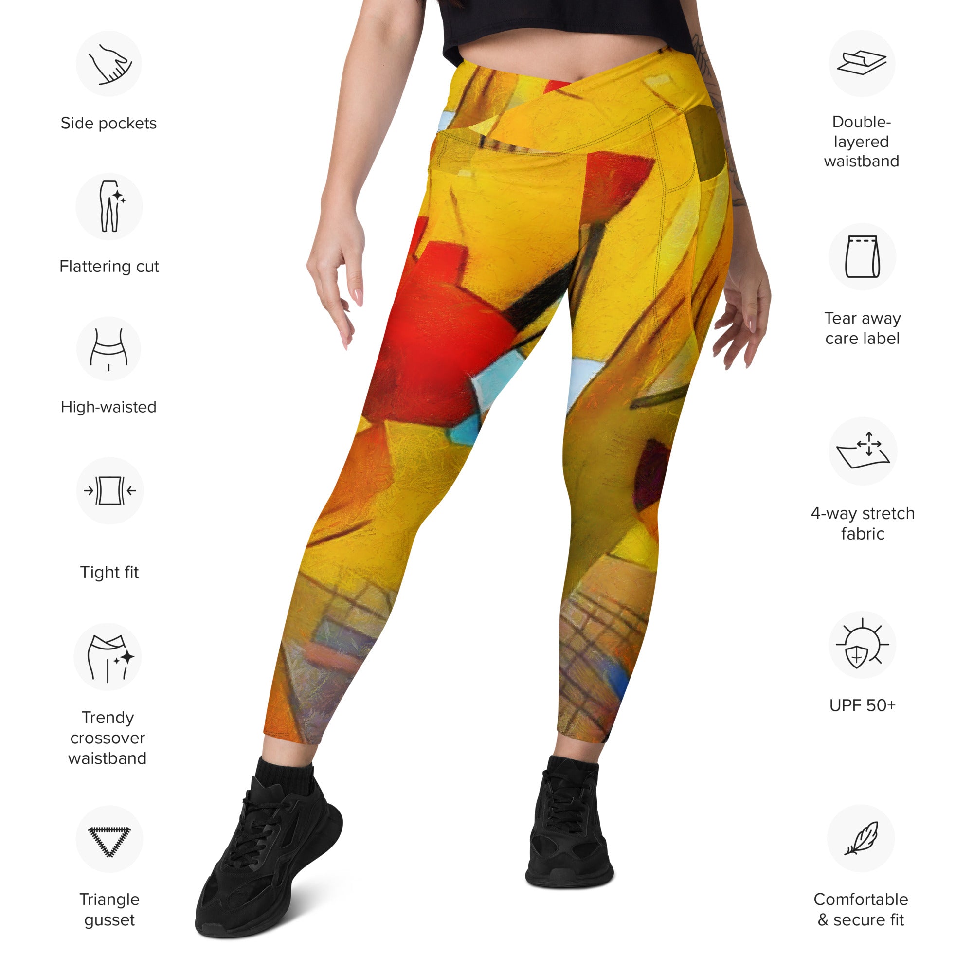 Abstract Yellow Crossover leggings with pockets