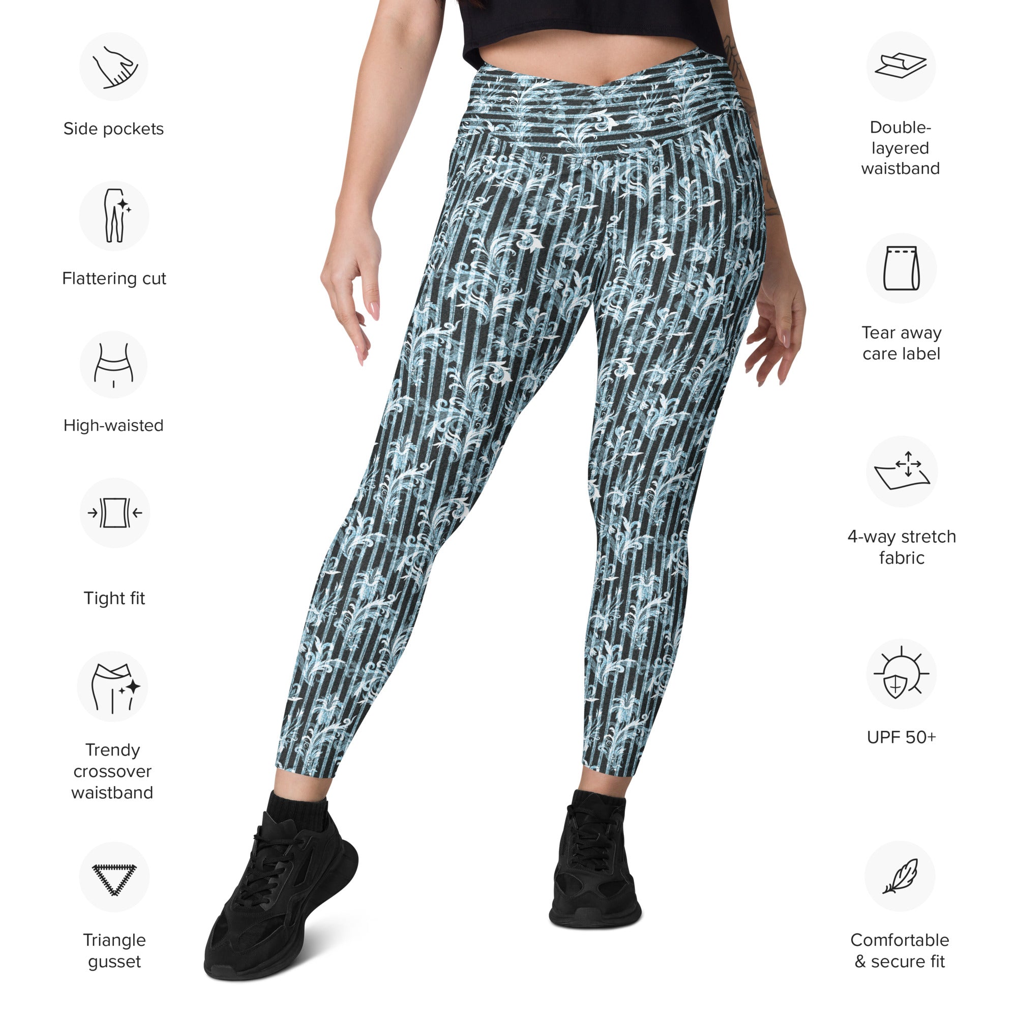 Denim Fleurs Crossover leggings with pockets