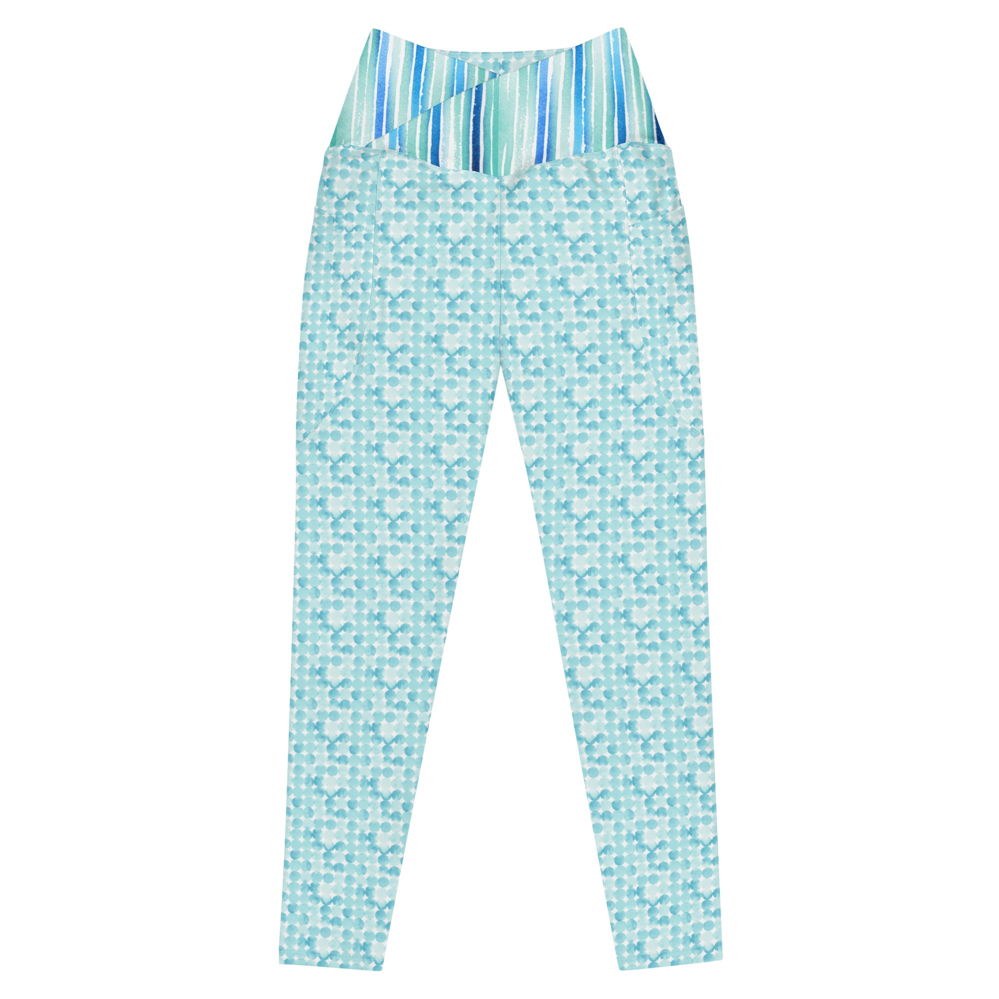 Turquoise Watercolor Dots and Stripes Crossover leggings with pockets