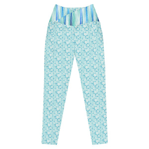 Turquoise Watercolor Dots and Stripes Crossover leggings with pockets