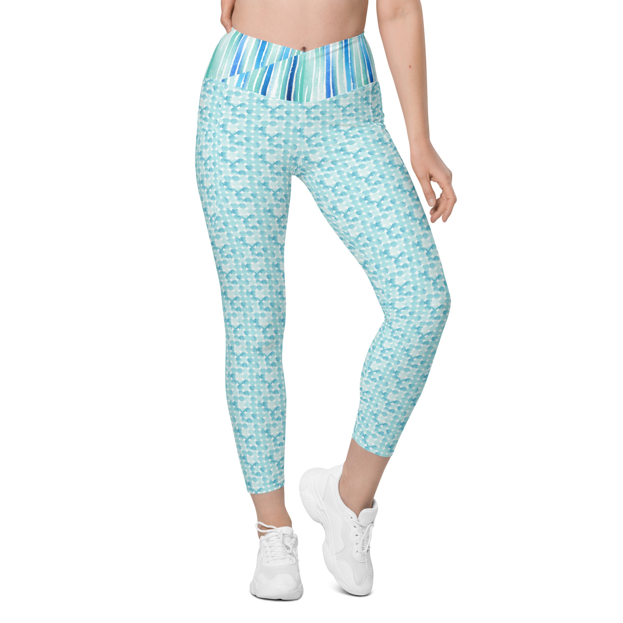 Turquoise Watercolor Dots and Stripes Crossover leggings with pockets