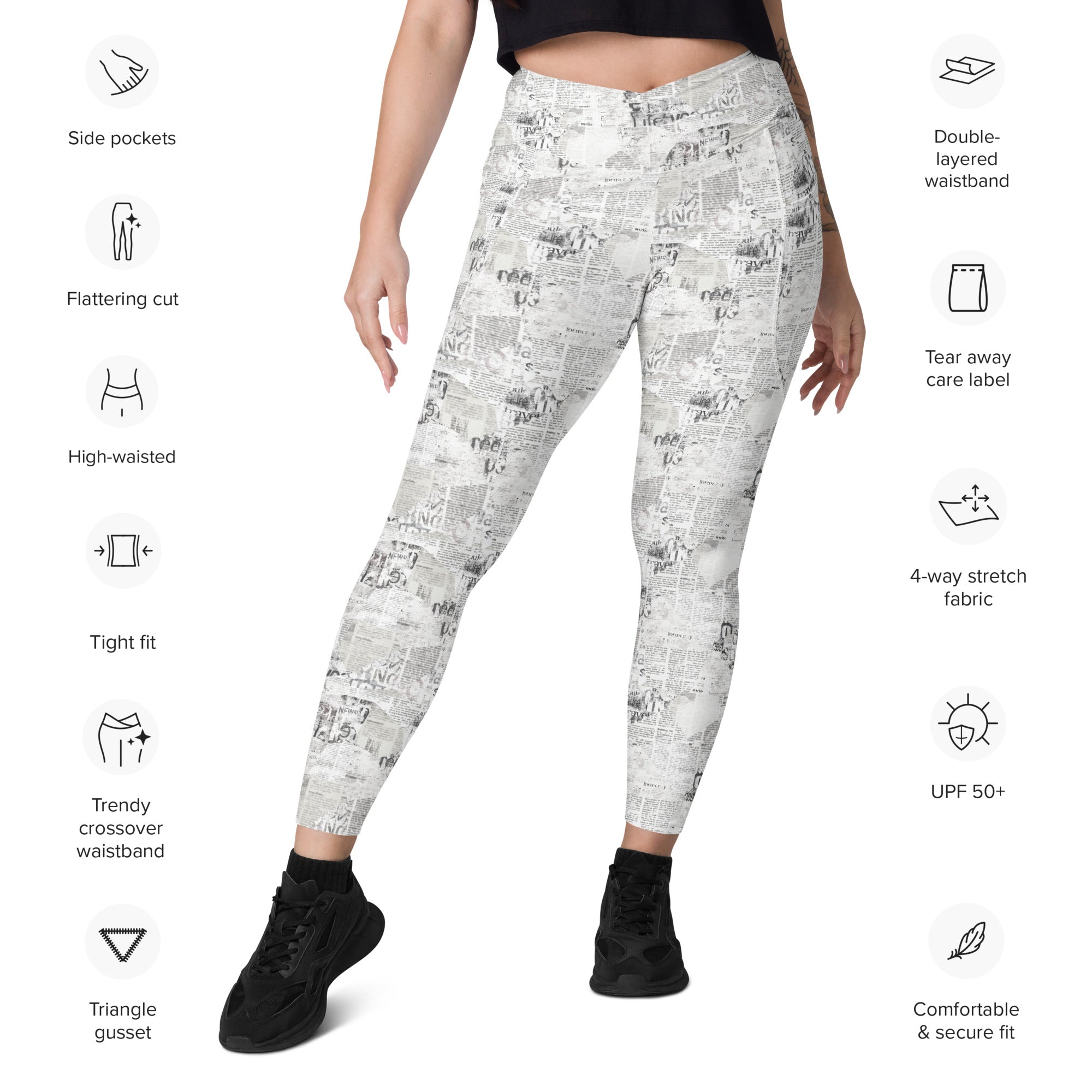 Newspaper Crossover leggings with pockets