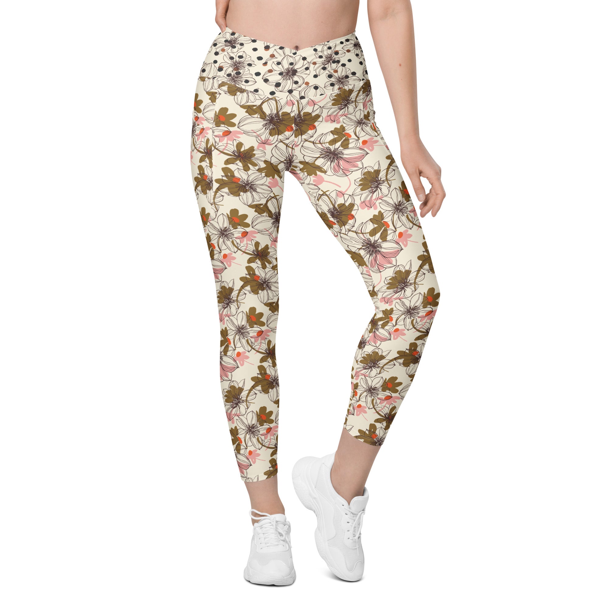 Cream, Pink and Brown Crossover leggings with pockets