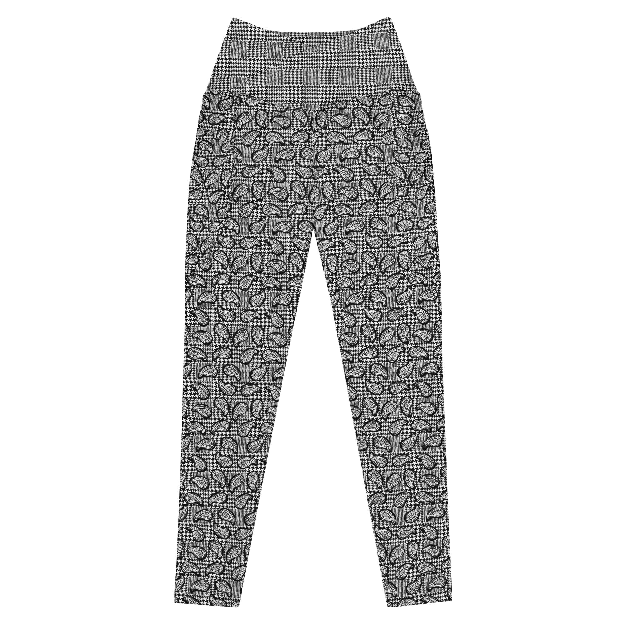 Black Houndstooth and Paisley Crossover leggings with pockets