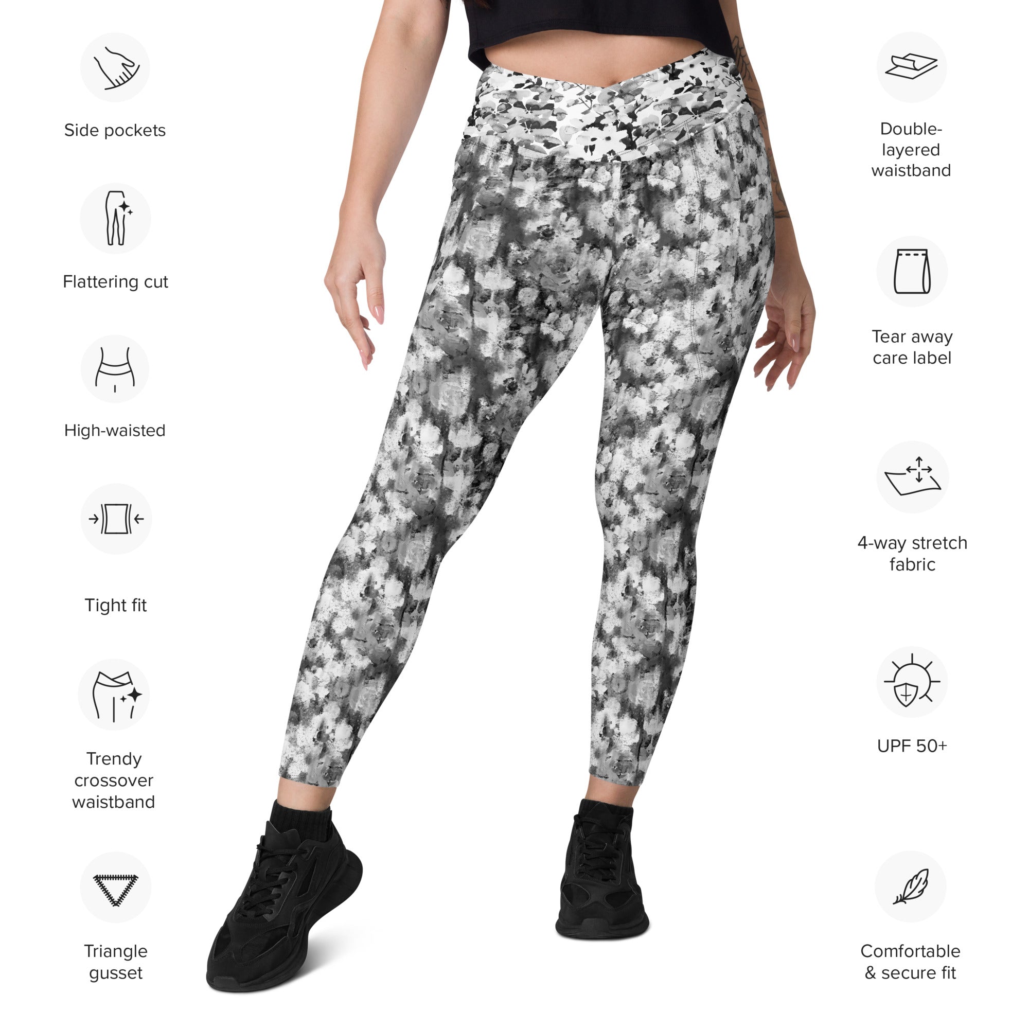 Black and White Blurred Flowers Crossover leggings with pockets