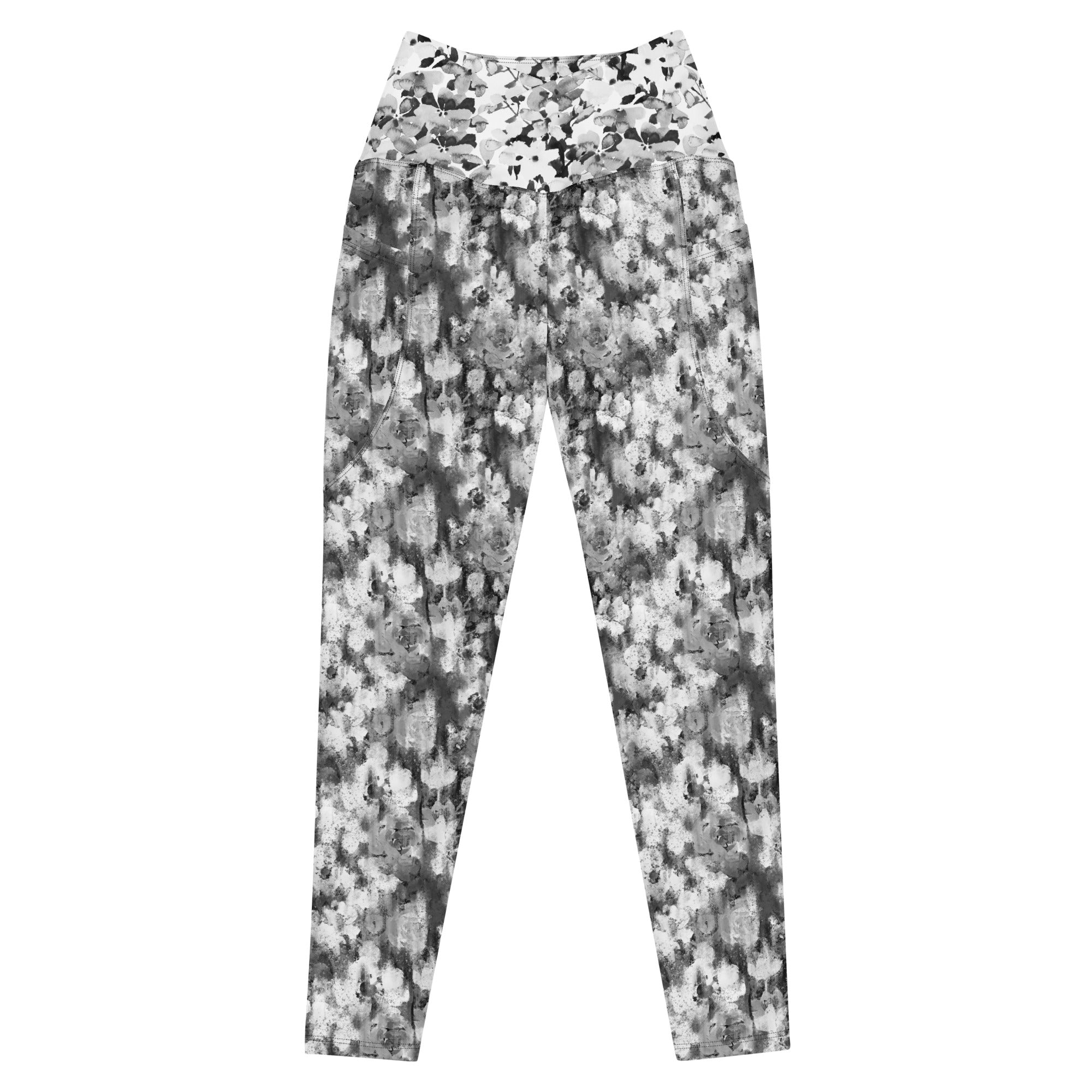 Black and White Blurred Flowers Crossover leggings with pockets