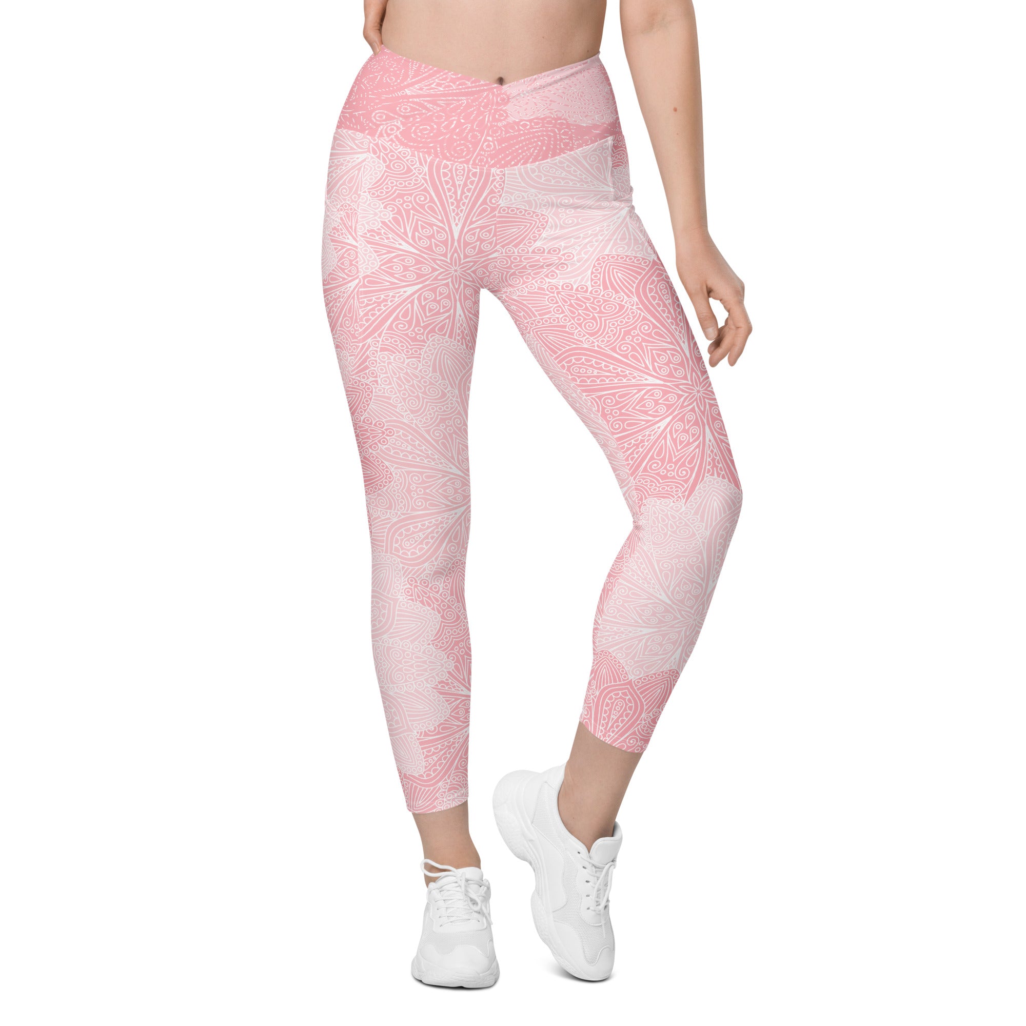 Pink and White Floral Crossover leggings with pockets