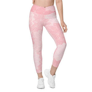 Pink and White Floral Crossover leggings with pockets