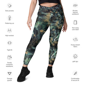 Turquoise Leaves Gold Spatters Crossover leggings with pockets