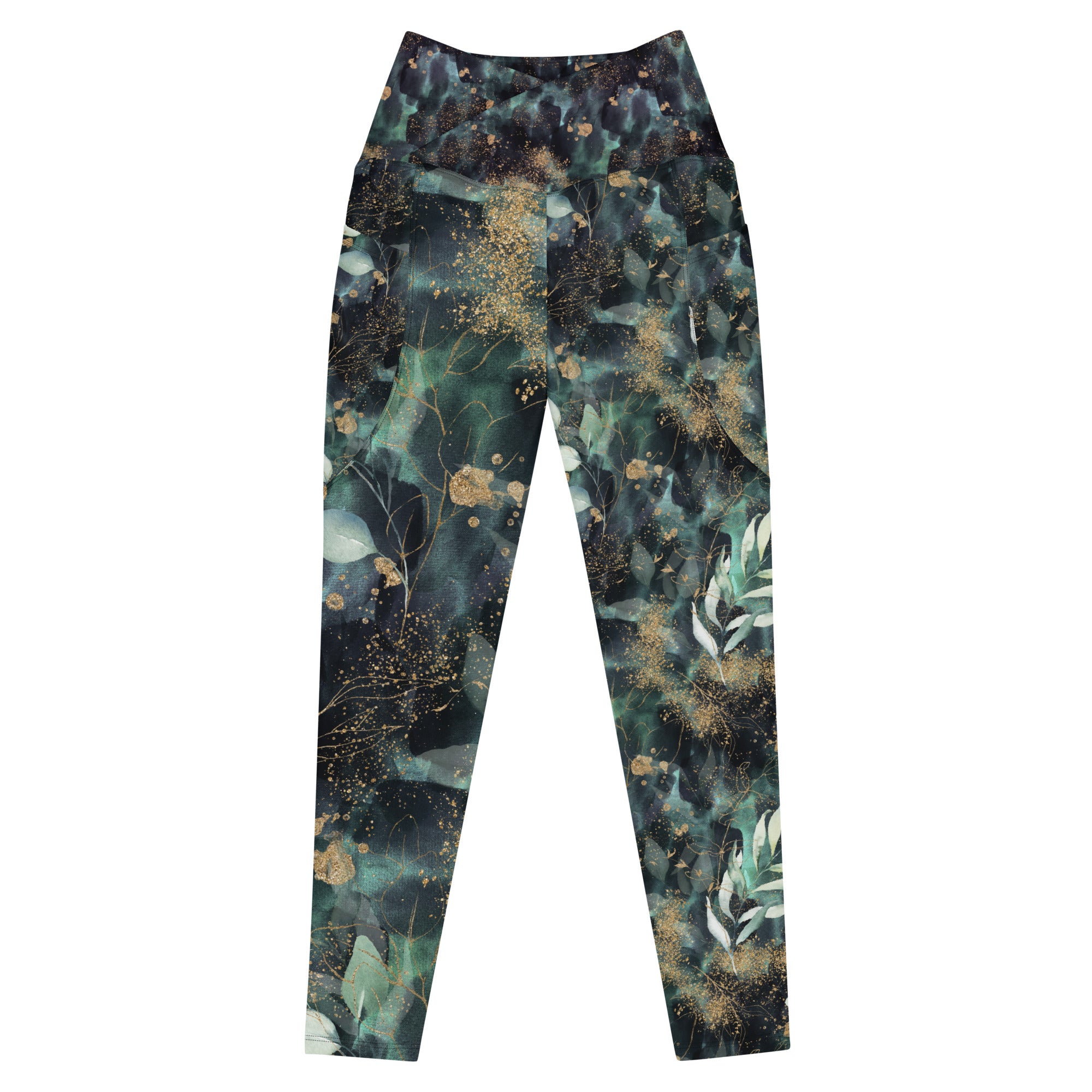 Turquoise Leaves Gold Spatters Crossover leggings with pockets