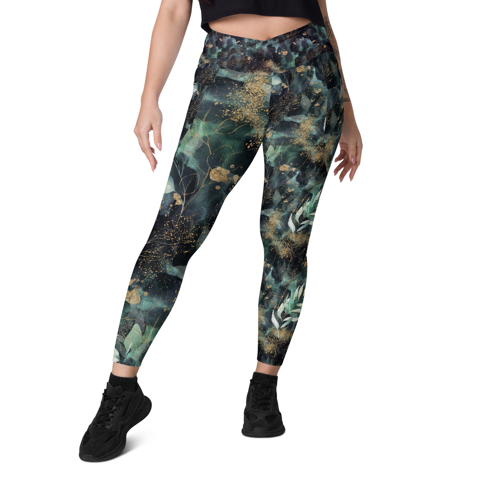 Turquoise Leaves Gold Spatters Crossover leggings with pockets