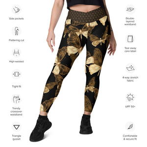 Black and Gold Butterflies Crossover leggings with pockets