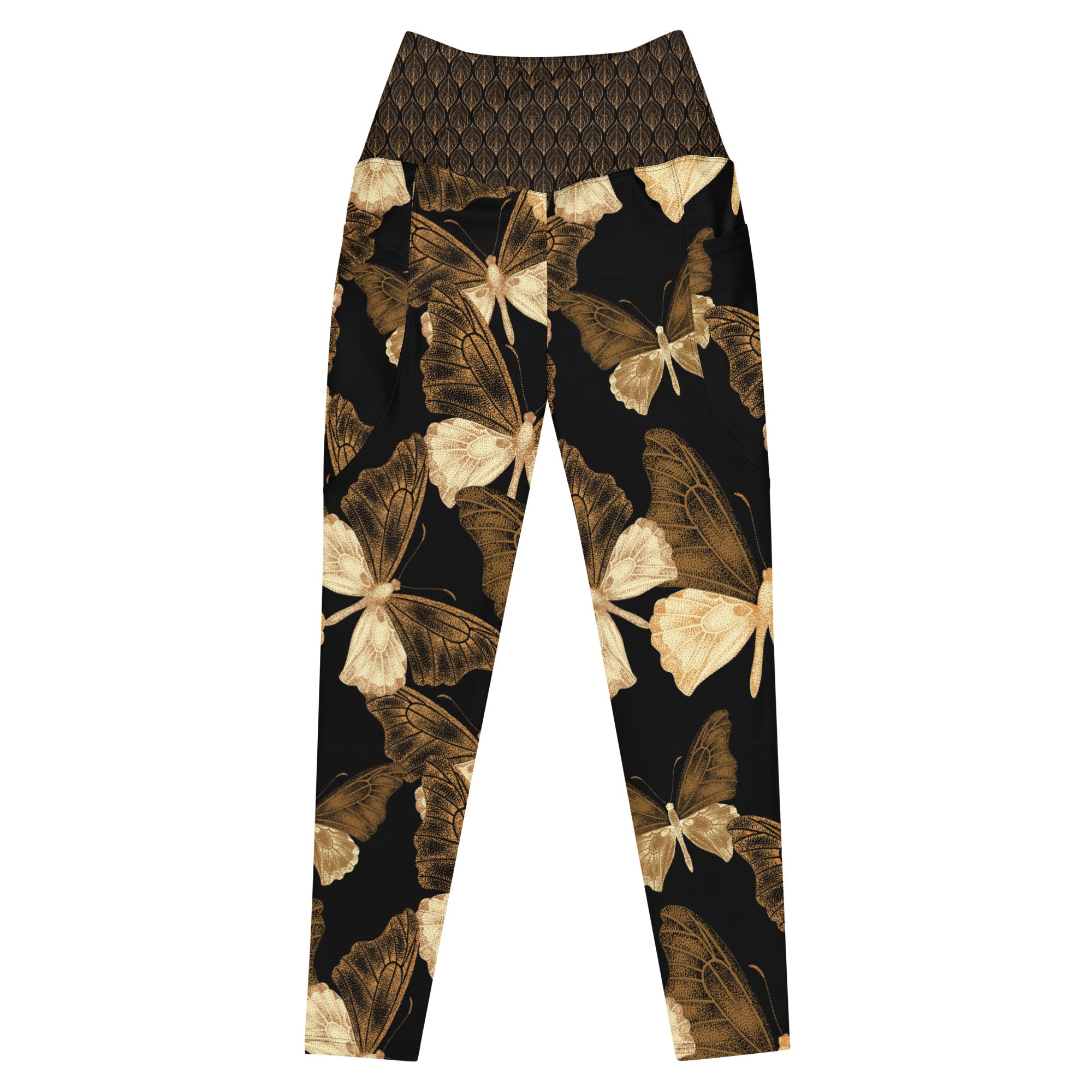 Black and Gold Butterflies Crossover leggings with pockets