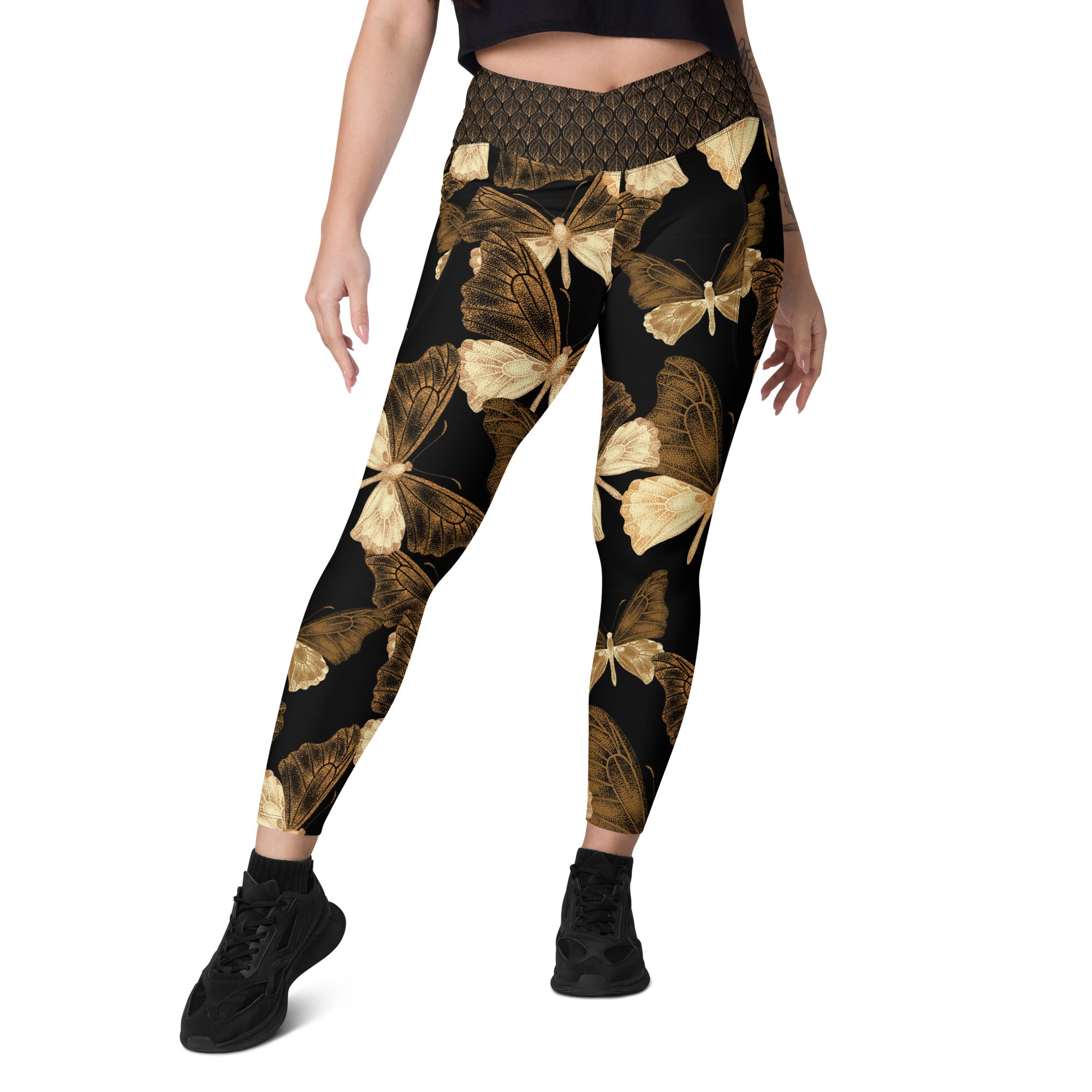 Black and Gold Butterflies Crossover leggings with pockets