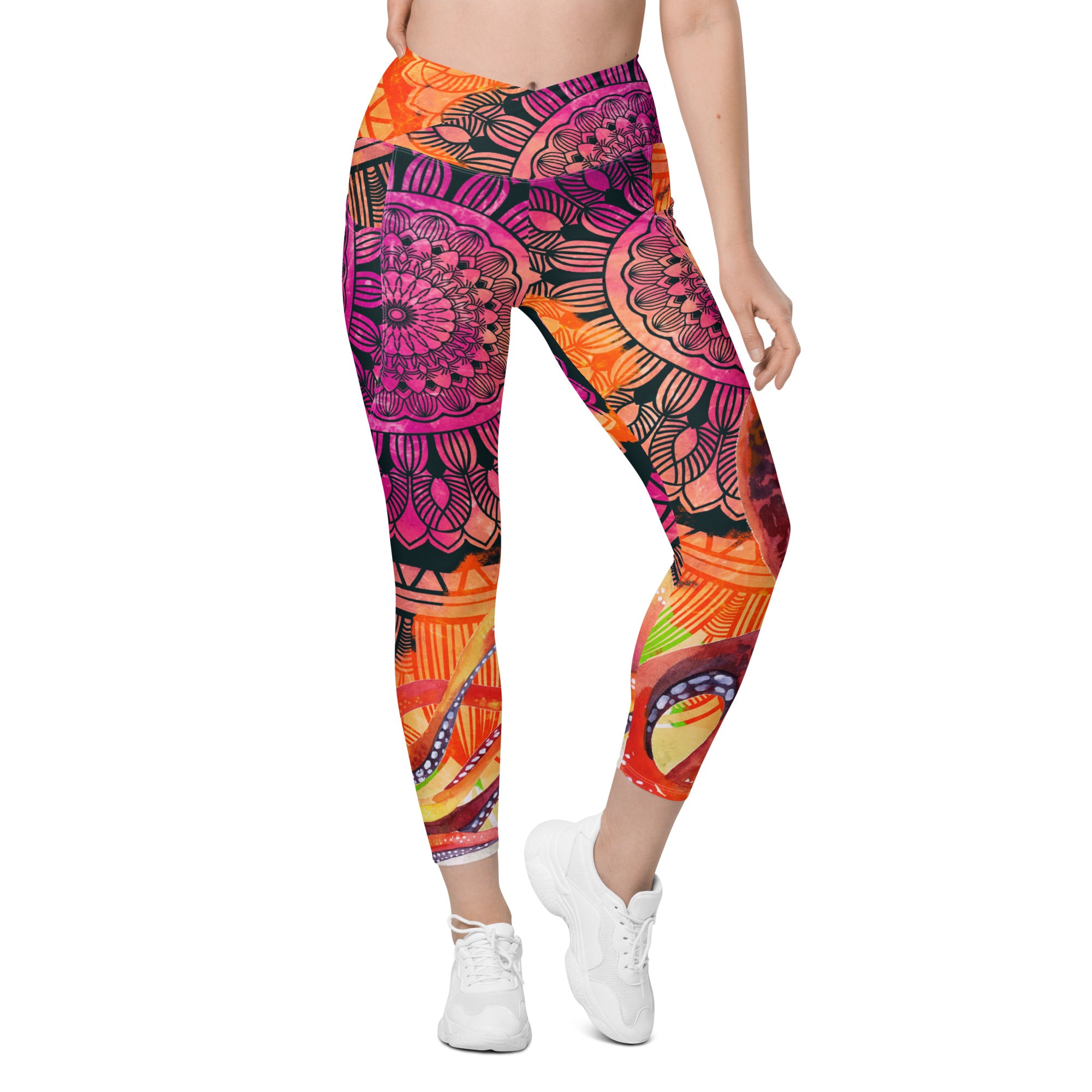 Orange Purple Mandala Crossover leggings with pockets