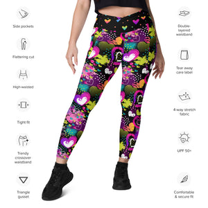 Neon Hearts on Black Crossover leggings with pockets