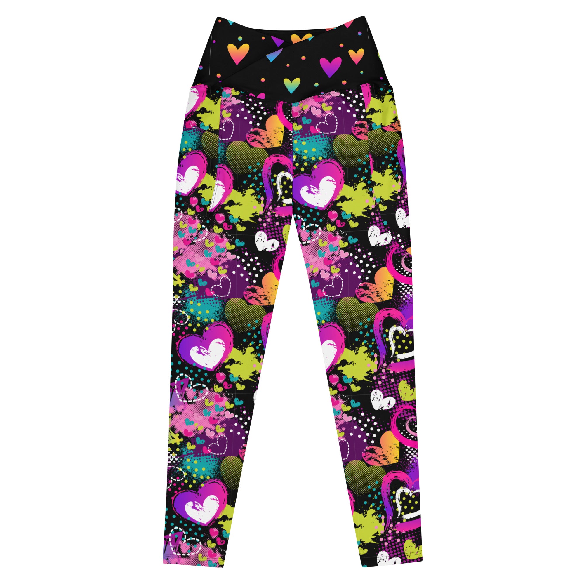 Neon Hearts on Black Crossover leggings with pockets