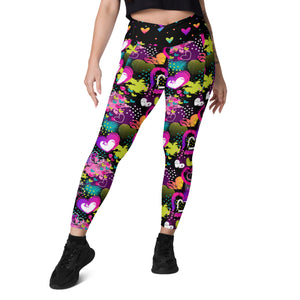 Neon Hearts on Black Crossover leggings with pockets