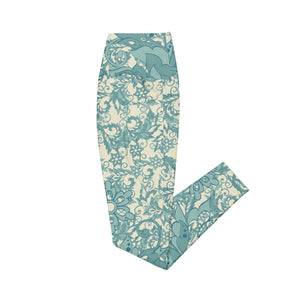 Teal Flowers and Swirls on Cream Crossover leggings with pockets