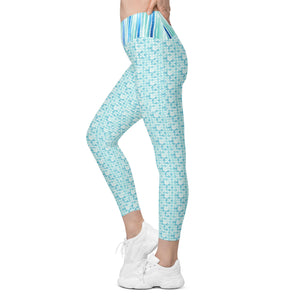 Turquoise Watercolor Dots and Stripes Crossover leggings with pockets