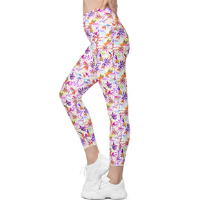 Neon Flowers on White Crossover leggings with pockets