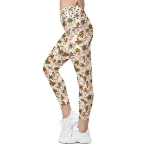 Cream, Pink and Brown Crossover leggings with pockets