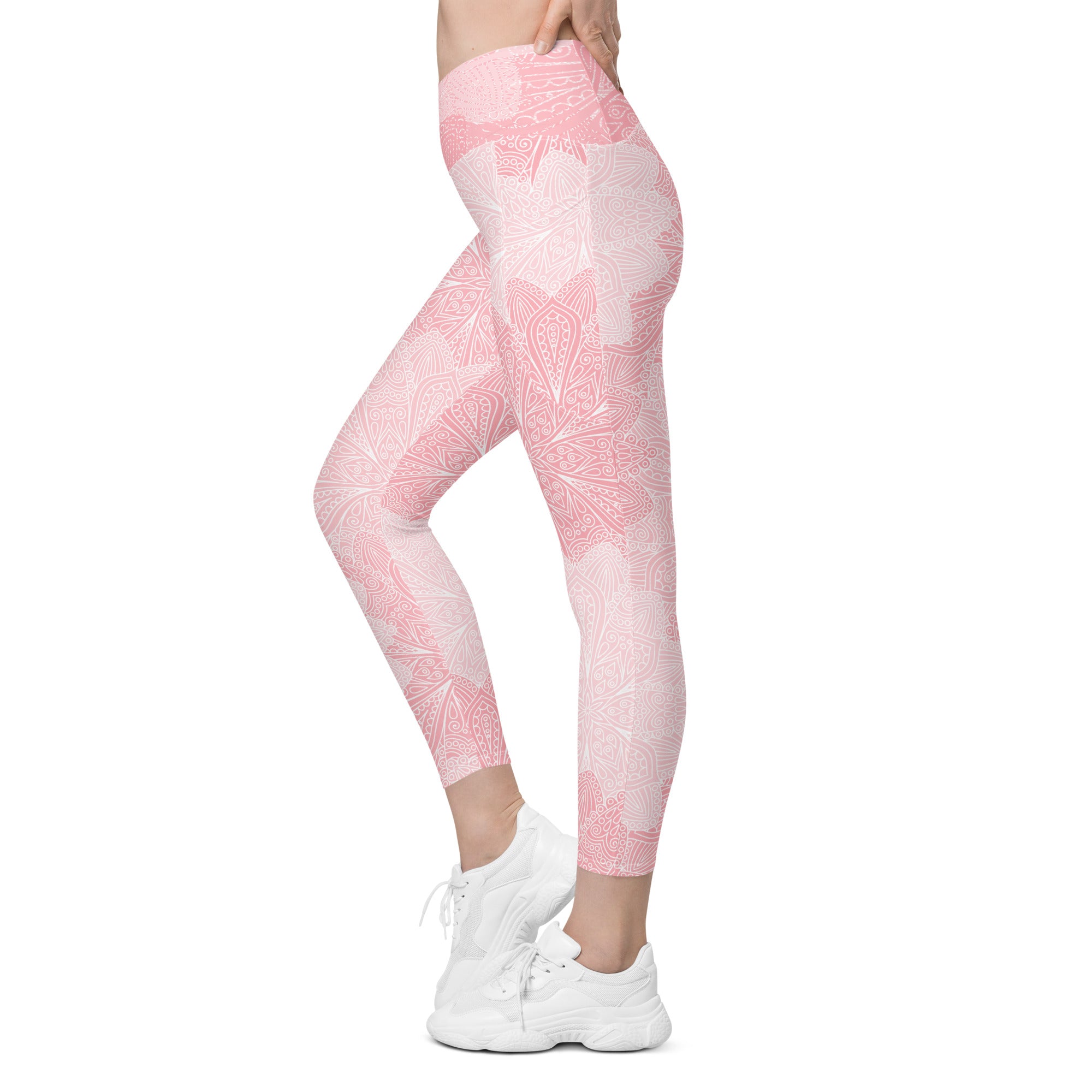 Pink and White Floral Crossover leggings with pockets