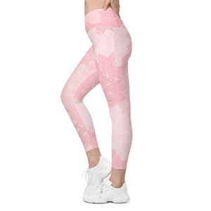 Pink and White Floral Crossover leggings with pockets