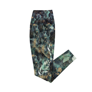 Turquoise Leaves Gold Spatters Crossover leggings with pockets