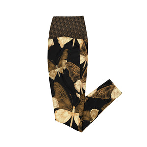 Black and Gold Butterflies Crossover leggings with pockets