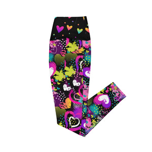 Neon Hearts on Black Crossover leggings with pockets