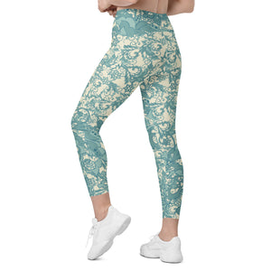 Teal Flowers and Swirls on Cream Crossover leggings with pockets