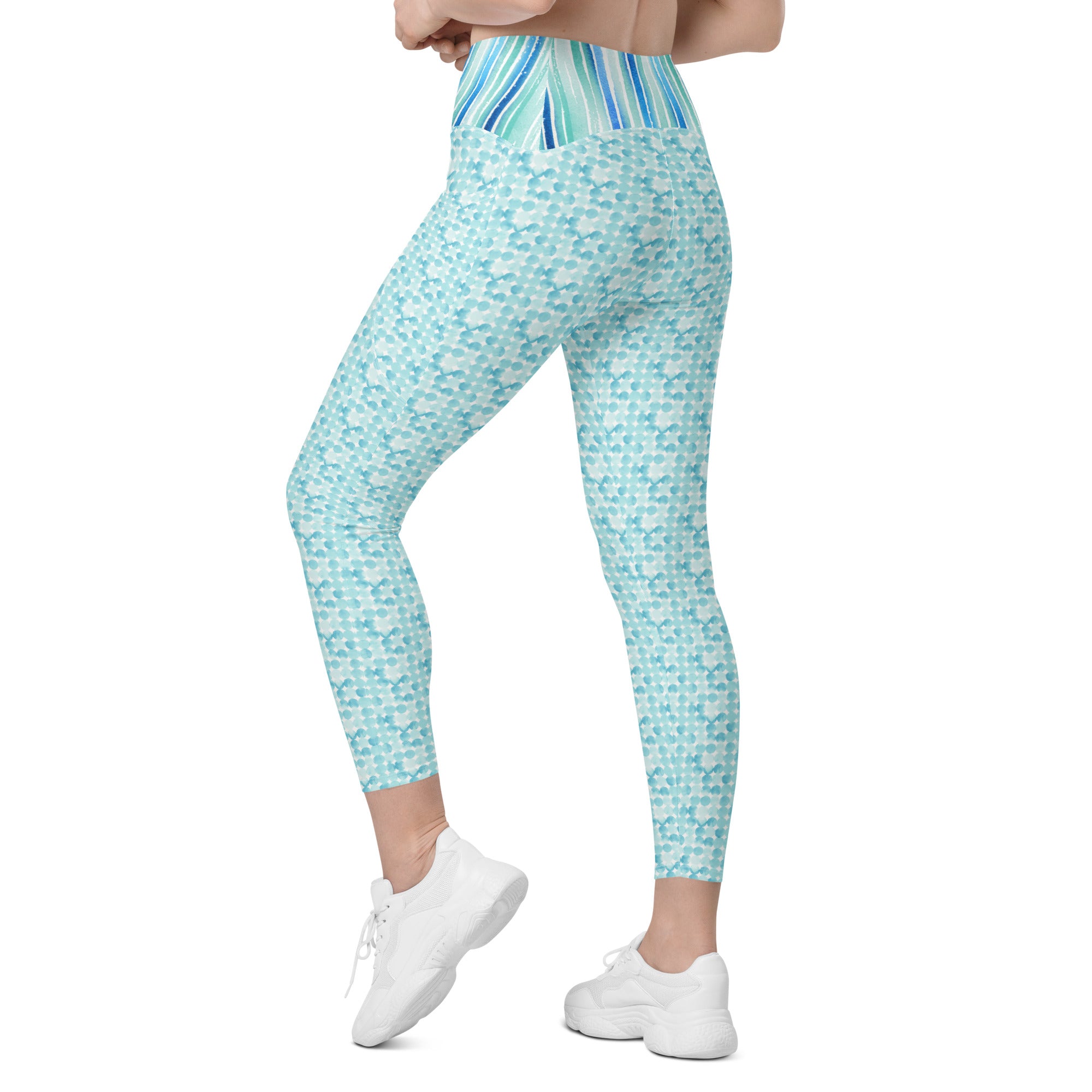 Turquoise Watercolor Dots and Stripes Crossover leggings with pockets